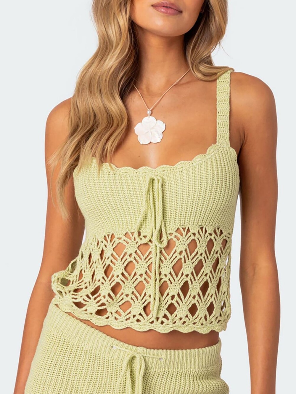 NWT Edikted Sage Green Danika Open Stitch Crochet Crop Top | Size S